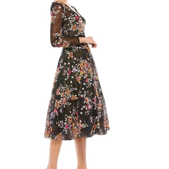 NWT MAC DUGGAL BLACK FLORAL EMBROIDERED TEA LENGTH DRESS - Picture 4 of 4